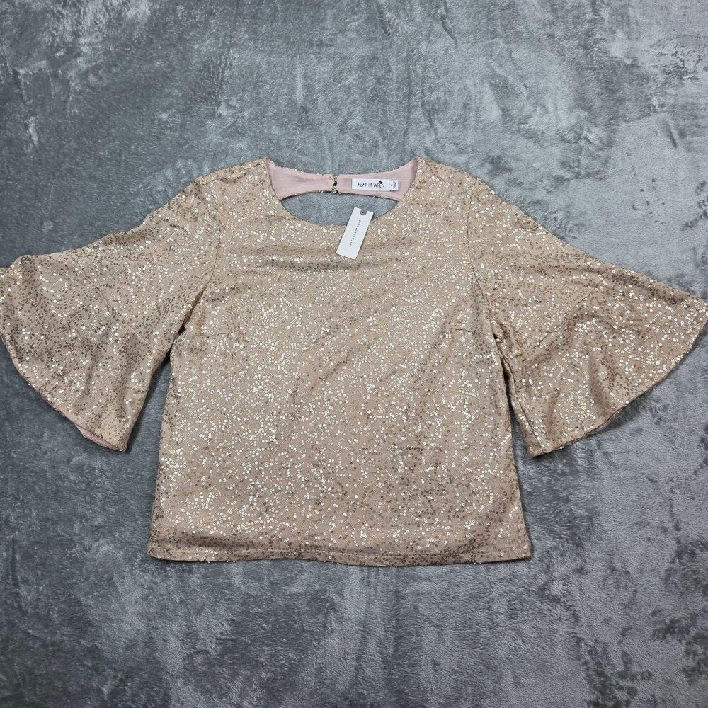 Anthropologie Reath & Wren Top S Champagne Gold Sequin Boxy Flutter Sleeve NEW - Picture 3 of 10